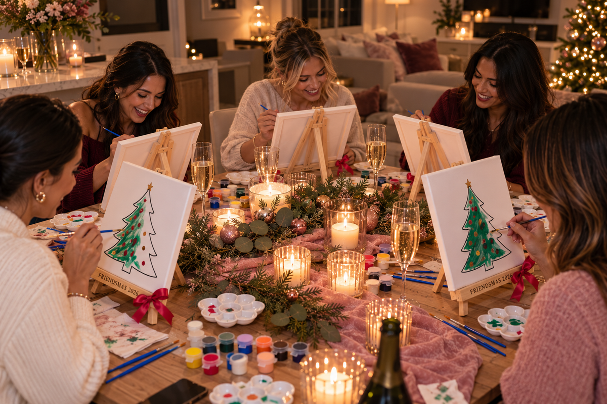 Friends painting Christmas trees at a Friendsmas sip and paint party at home with Muse SA paint kits