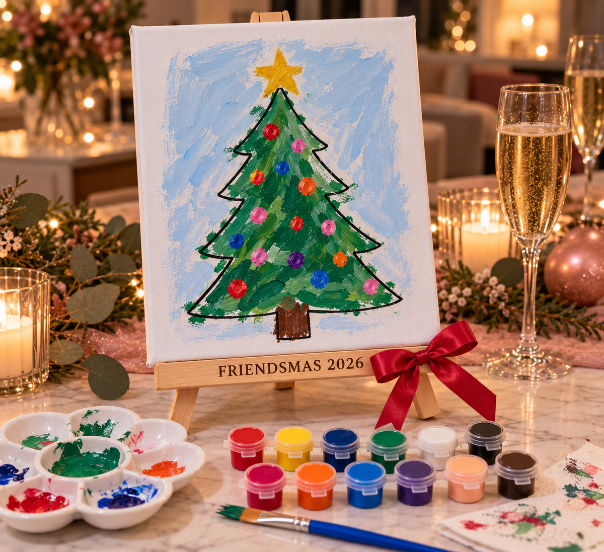 Finished Christmas tree painting on canvas from the Friendsmas Paint Kit, on a personalised Friendsmas 2026 easel
